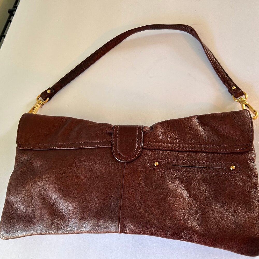B. Makowsky Brown Leather Shoulder Bag/Clutch  Gold Hardware Y2K Leopard Lined - Picture 3 of 10